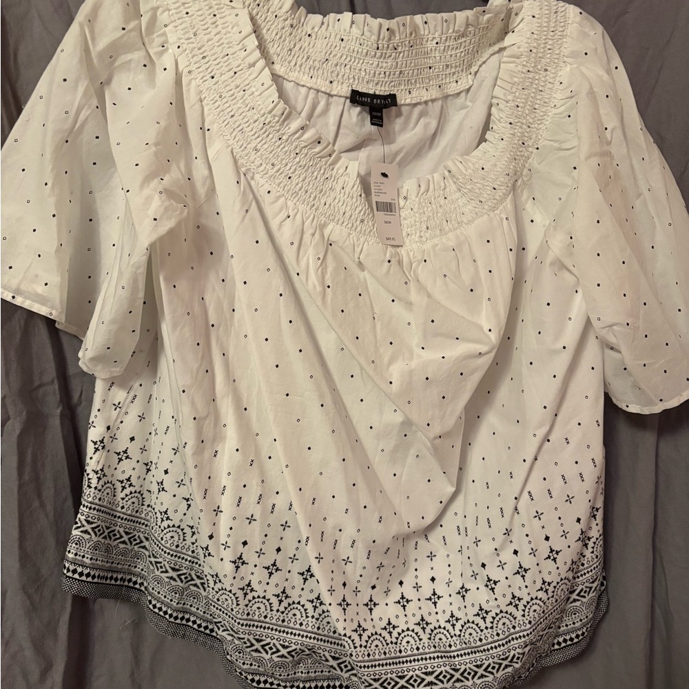 Lane Bryant White Smocked Blouse with Flutter Sleeves